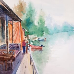 نقاشی آبرنگ در کنار دریاچه
