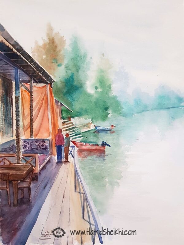 نقاشی آبرنگ در کنار دریاچه