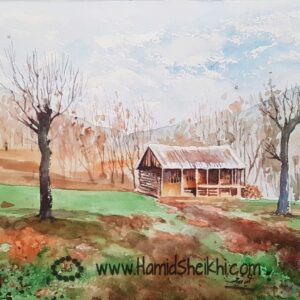 نقاشی آبرنگ کلبه روستائی
